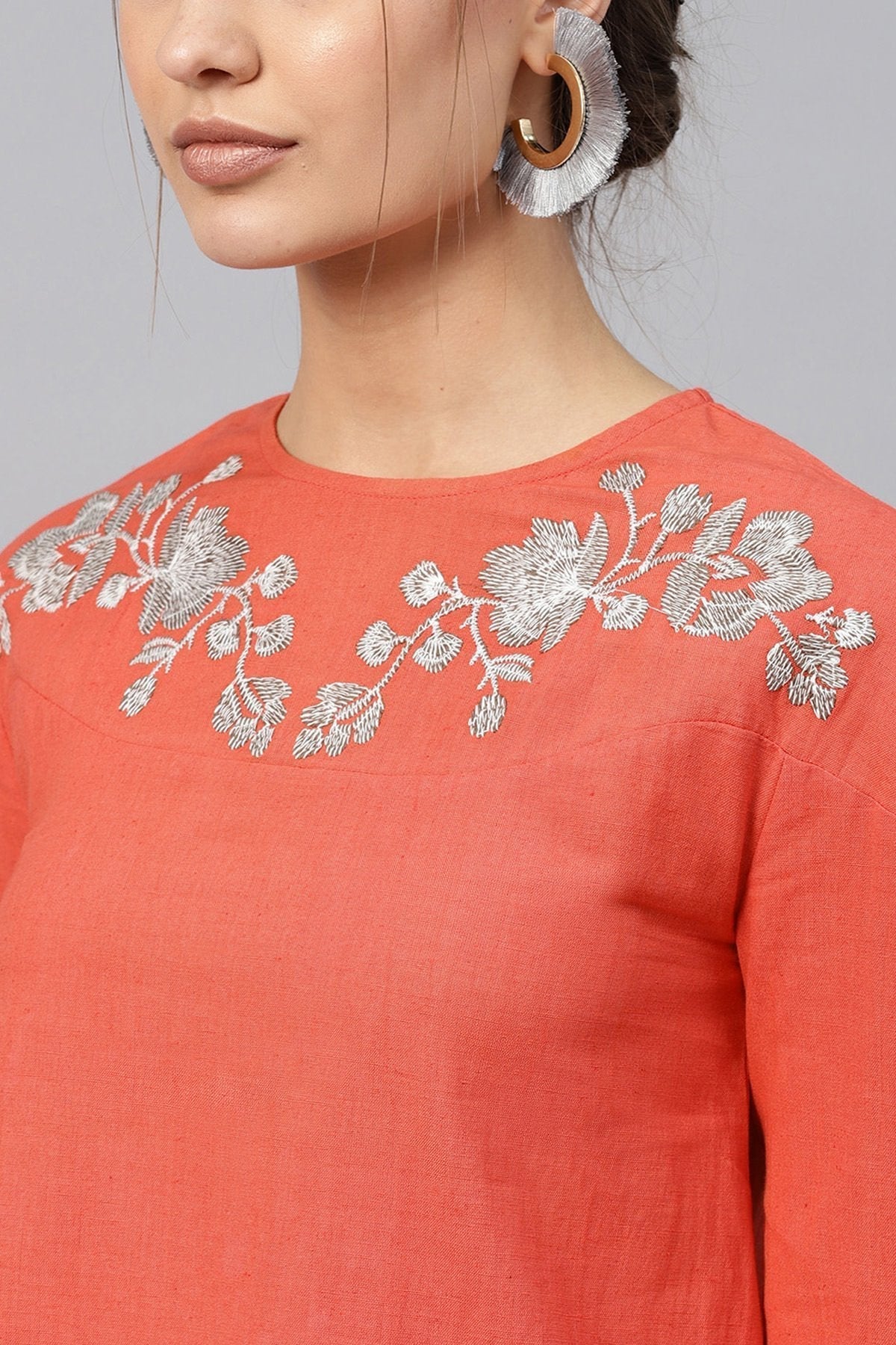 Women's Coral Neck Embroidered Top
