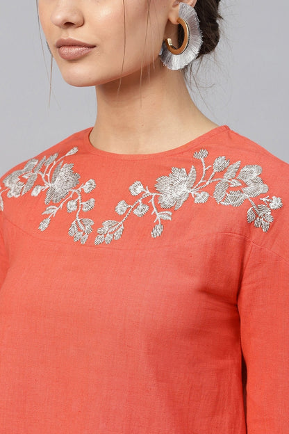 Women's Coral Neck Embroidered Top