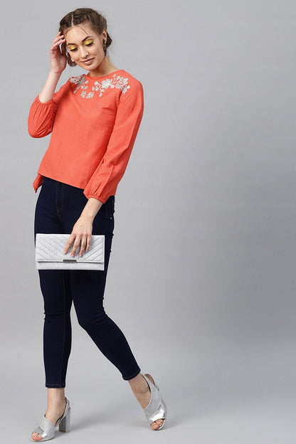 Women's Coral Neck Embroidered Top