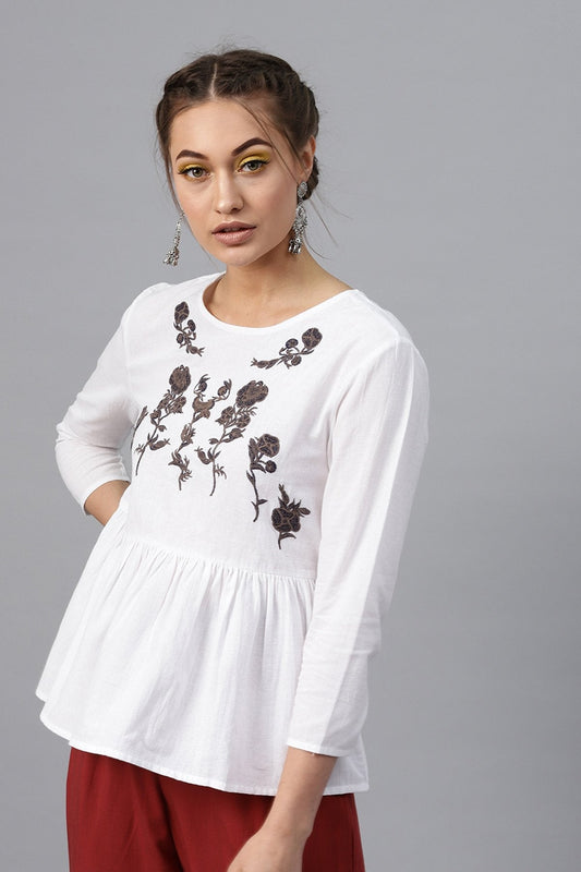 Women's White Frill Hem Embroidered Top