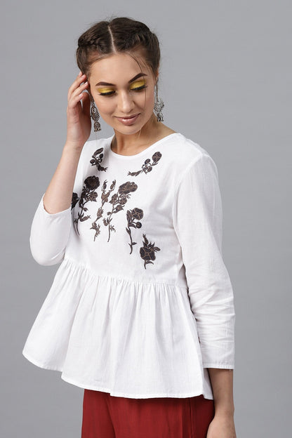 Women's White Frill Hem Embroidered Top