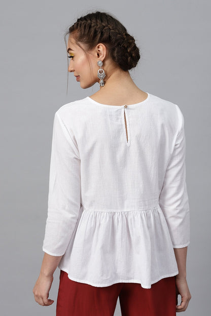 Women's White Frill Hem Embroidered Top