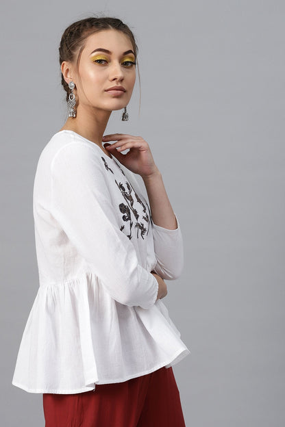 Women's White Frill Hem Embroidered Top