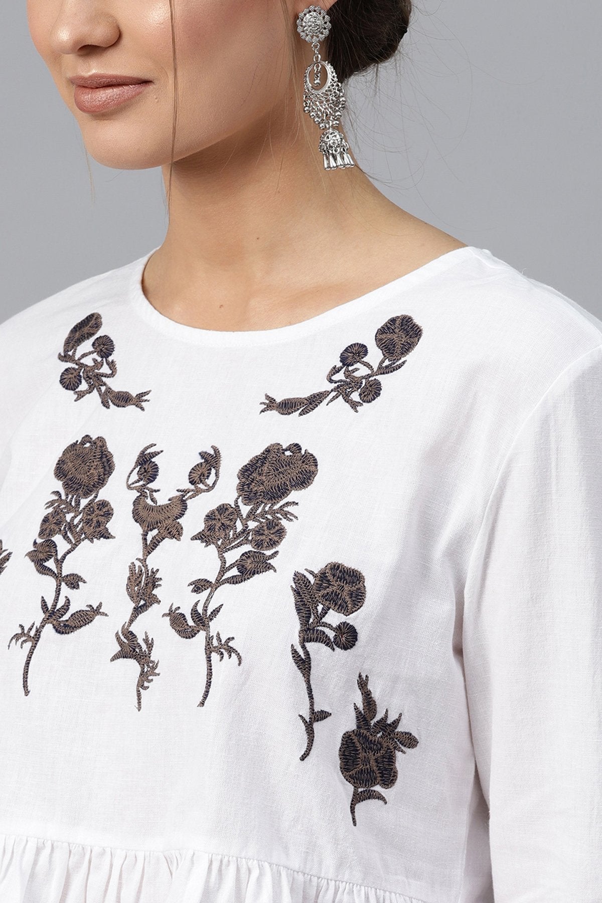 Women's White Frill Hem Embroidered Top