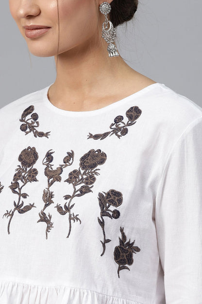 Women's White Frill Hem Embroidered Top