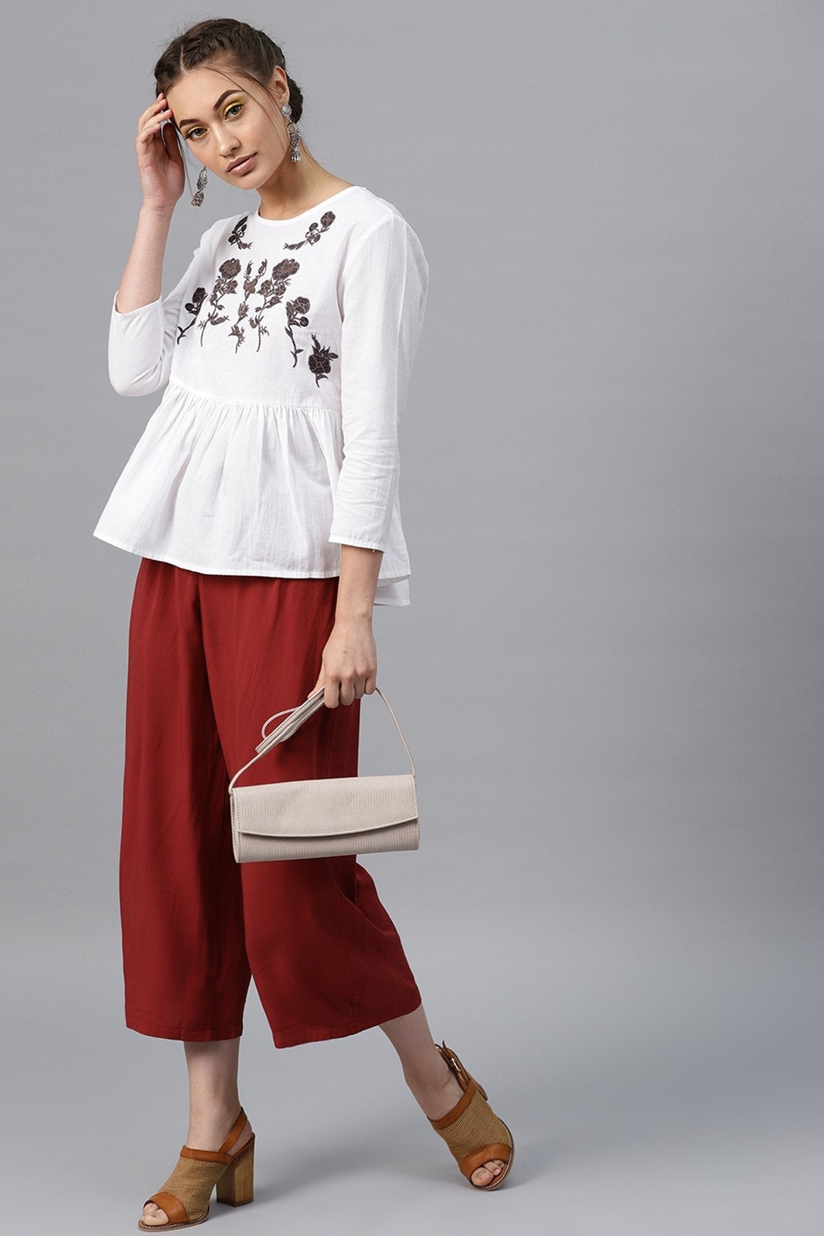 Women's White Frill Hem Embroidered Top