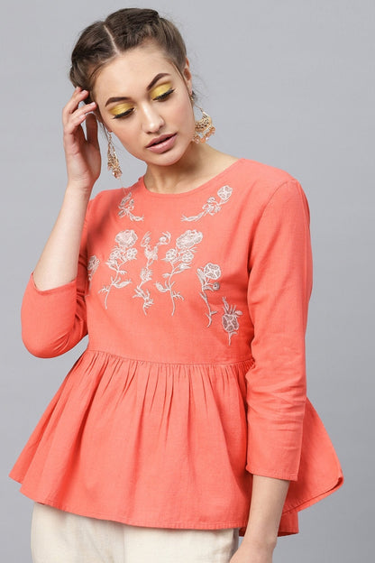 Women's Coral Frill Hem Embroidered Top