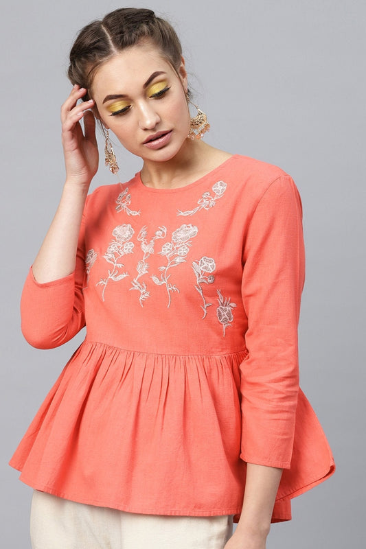 Women's Coral Frill Hem Embroidered Top