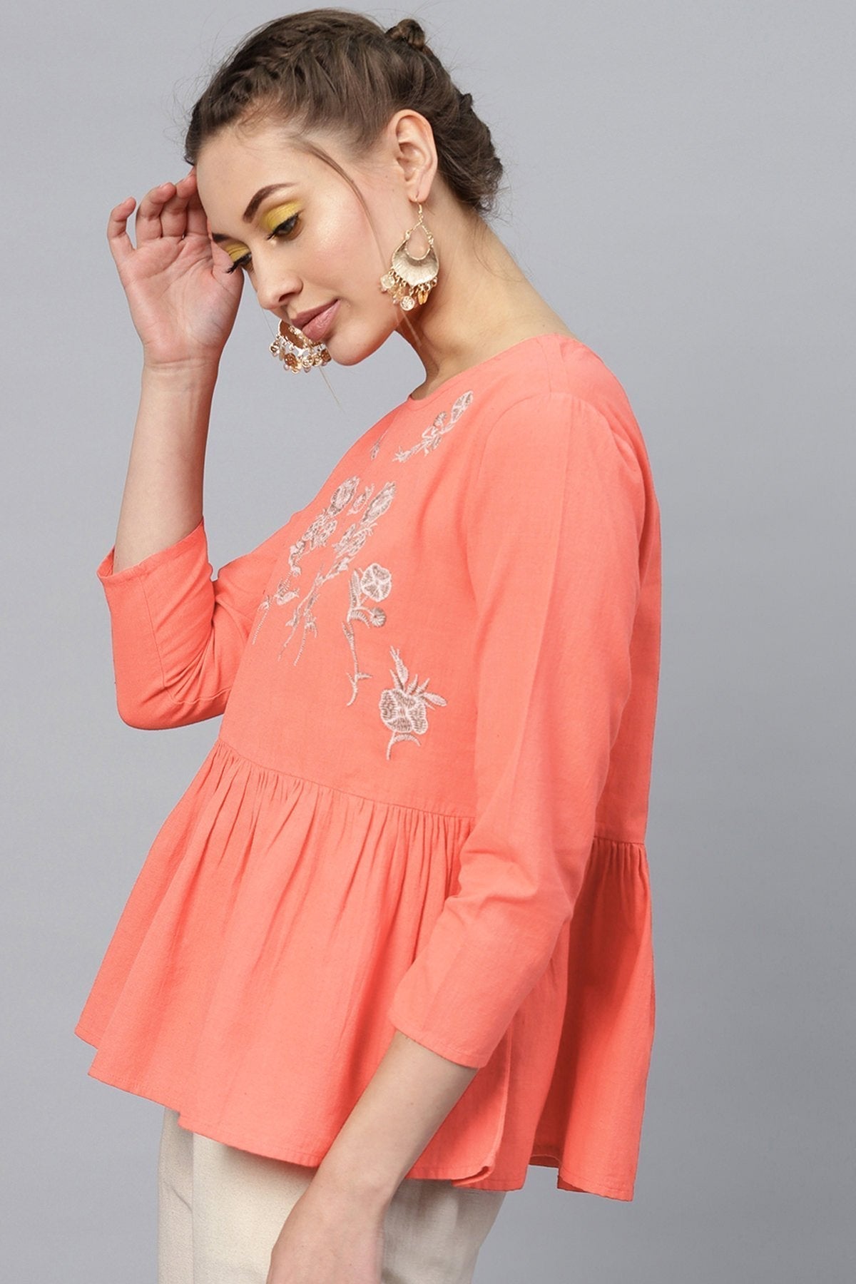 Women's Coral Frill Hem Embroidered Top