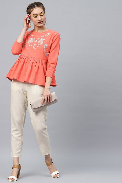 Women's Coral Frill Hem Embroidered Top