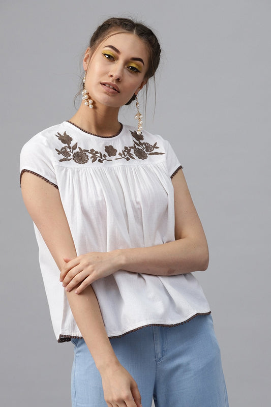 Women's White Yoke Embroidered Top