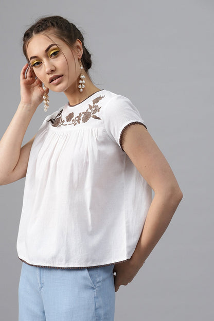 Women's White Yoke Embroidered Top