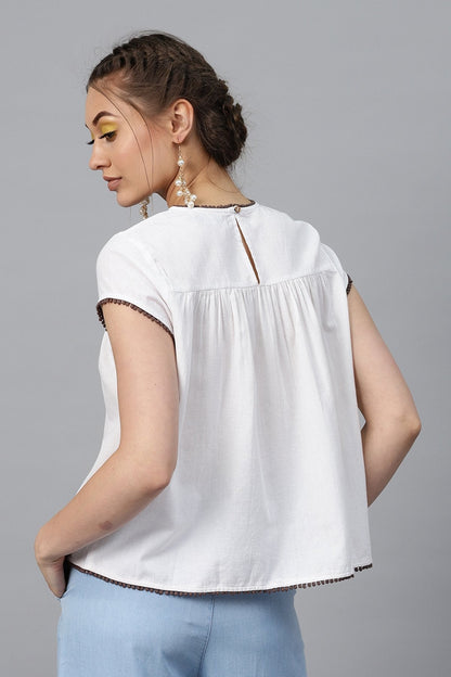 Women's White Yoke Embroidered Top