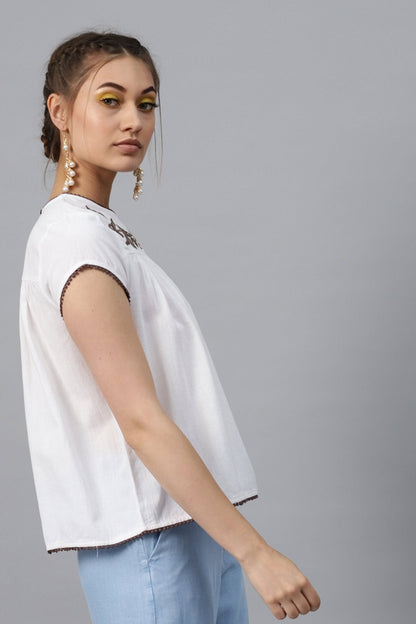 Women's White Yoke Embroidered Top