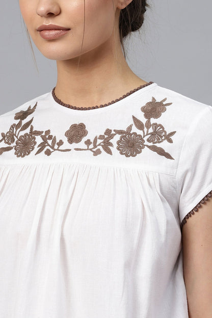 Women's White Yoke Embroidered Top