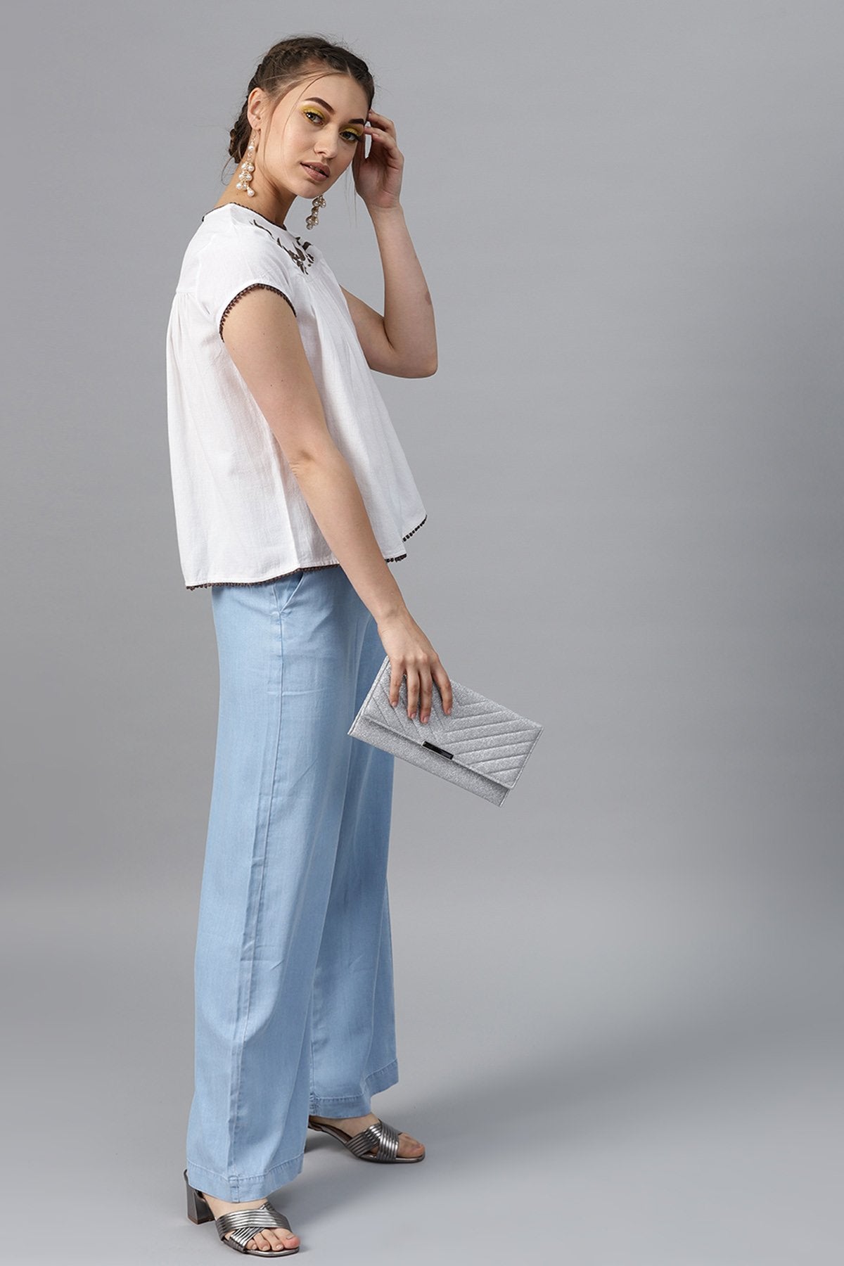 Women's White Yoke Embroidered Top