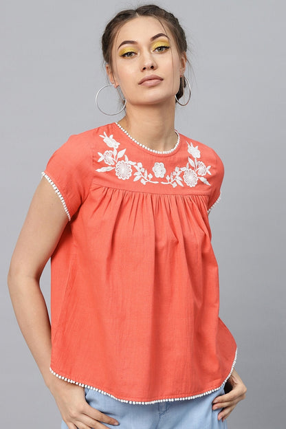 Women's Coral Yoke Embroidered Top