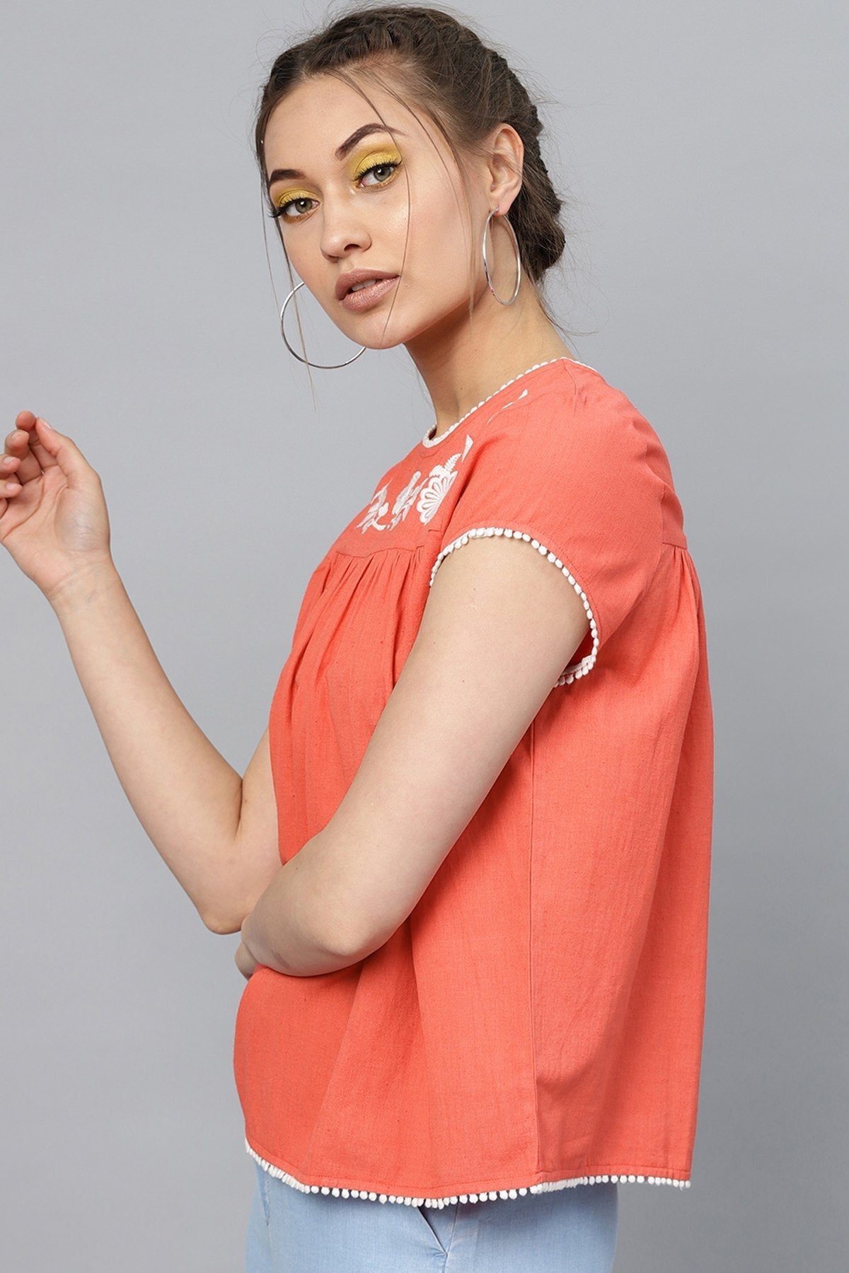 Women's Coral Yoke Embroidered Top