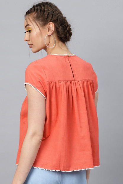 Women's Coral Yoke Embroidered Top