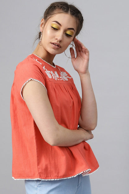 Women's Coral Yoke Embroidered Top
