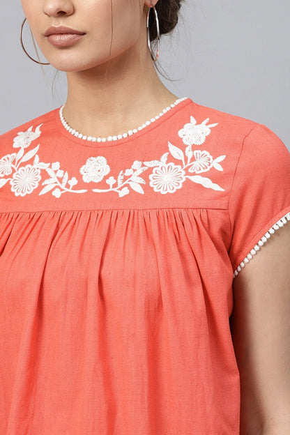 Women's Coral Yoke Embroidered Top