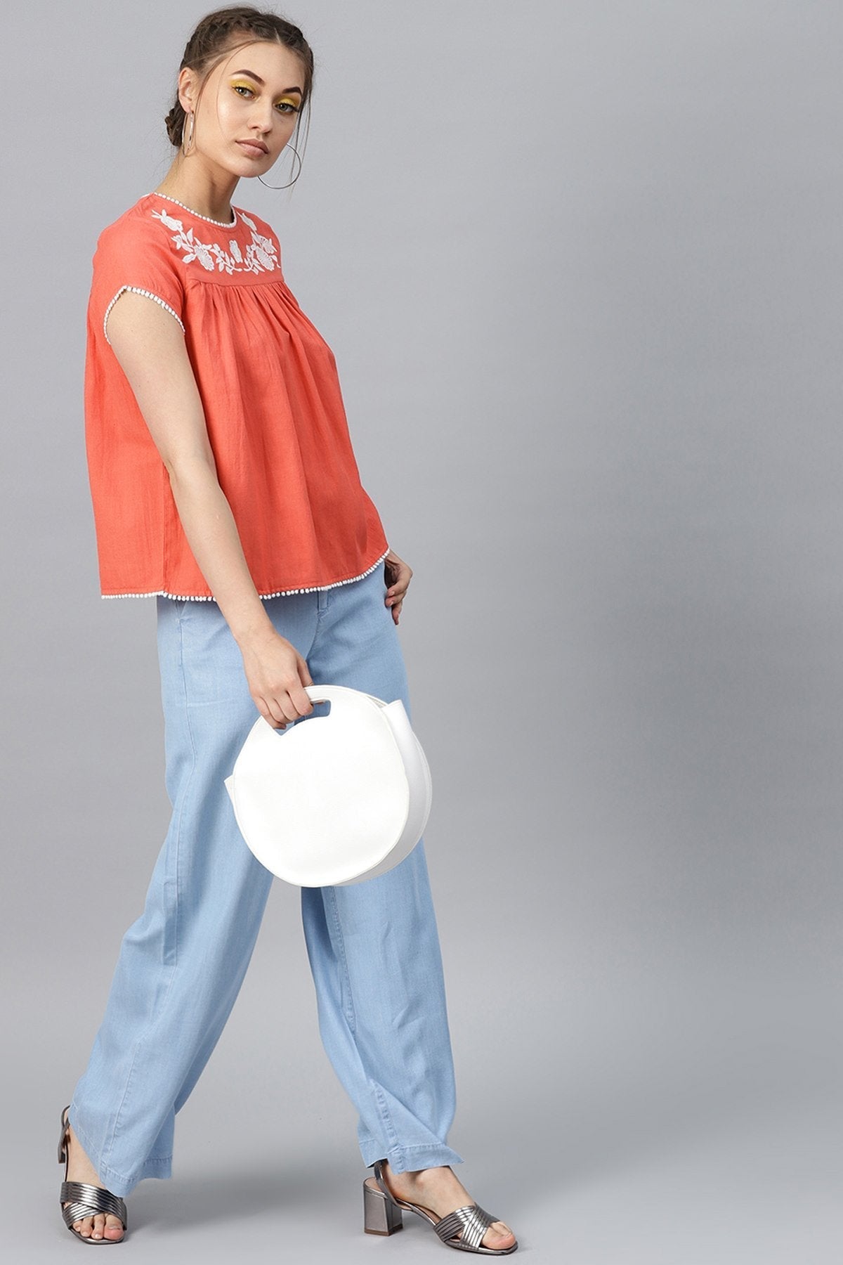 Women's Coral Yoke Embroidered Top