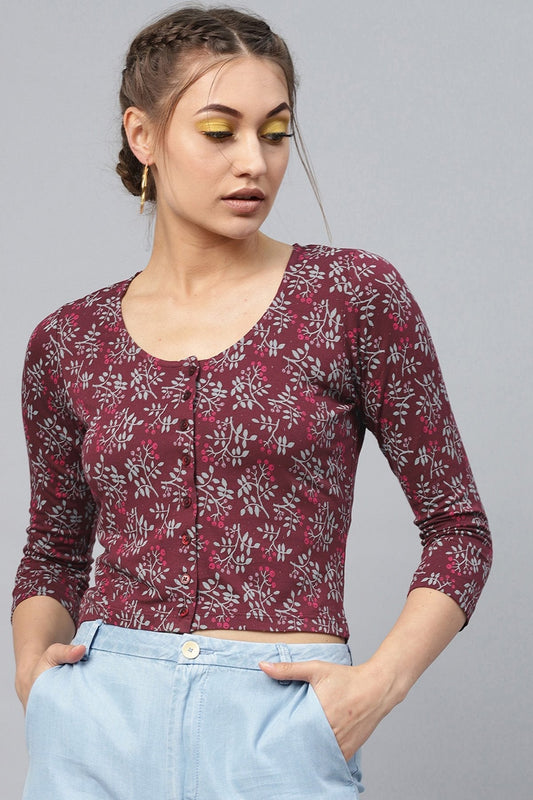 Women's Maroon Floral Front Button Crop Top