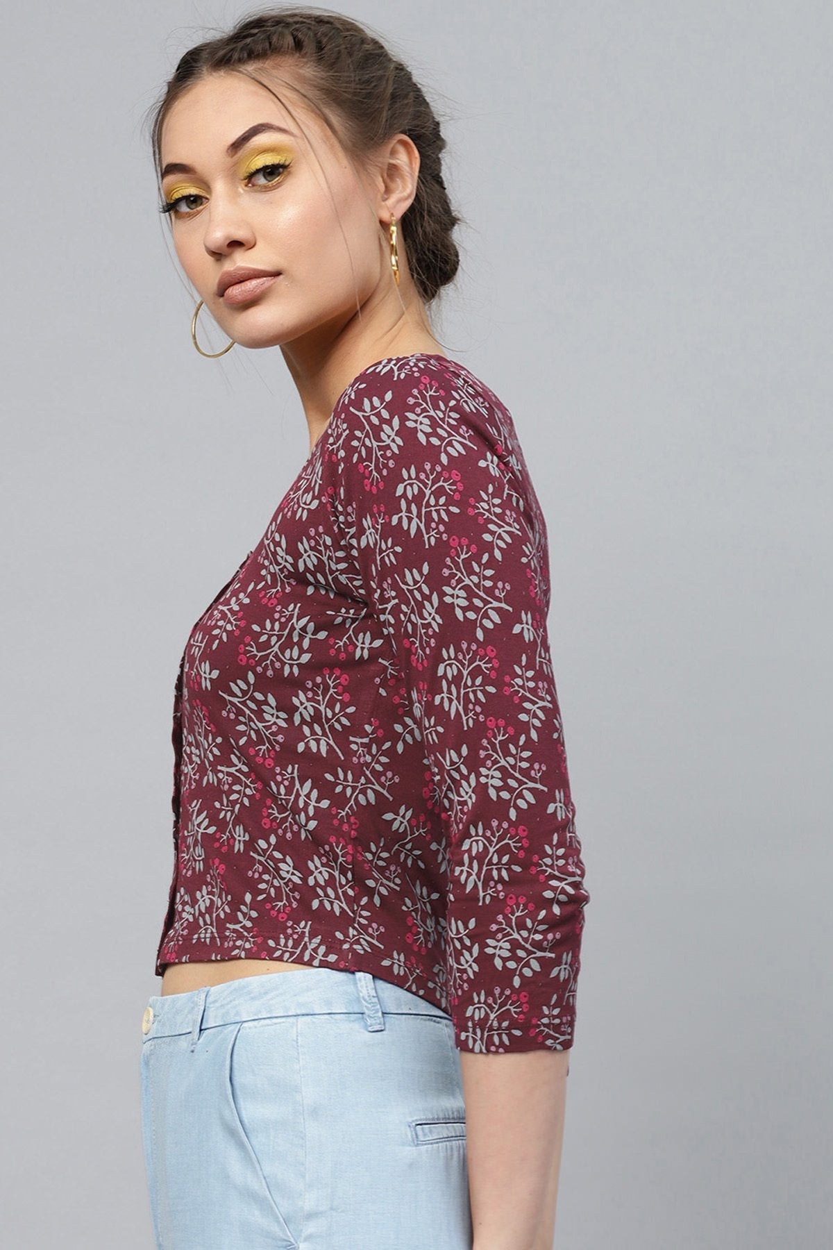 Women's Maroon Floral Front Button Crop Top