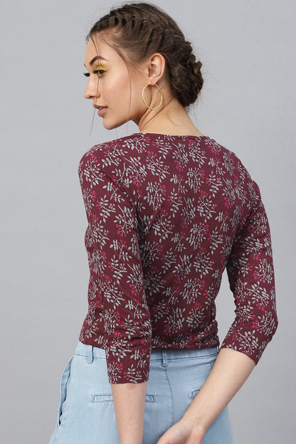 Women's Maroon Floral Front Button Crop Top
