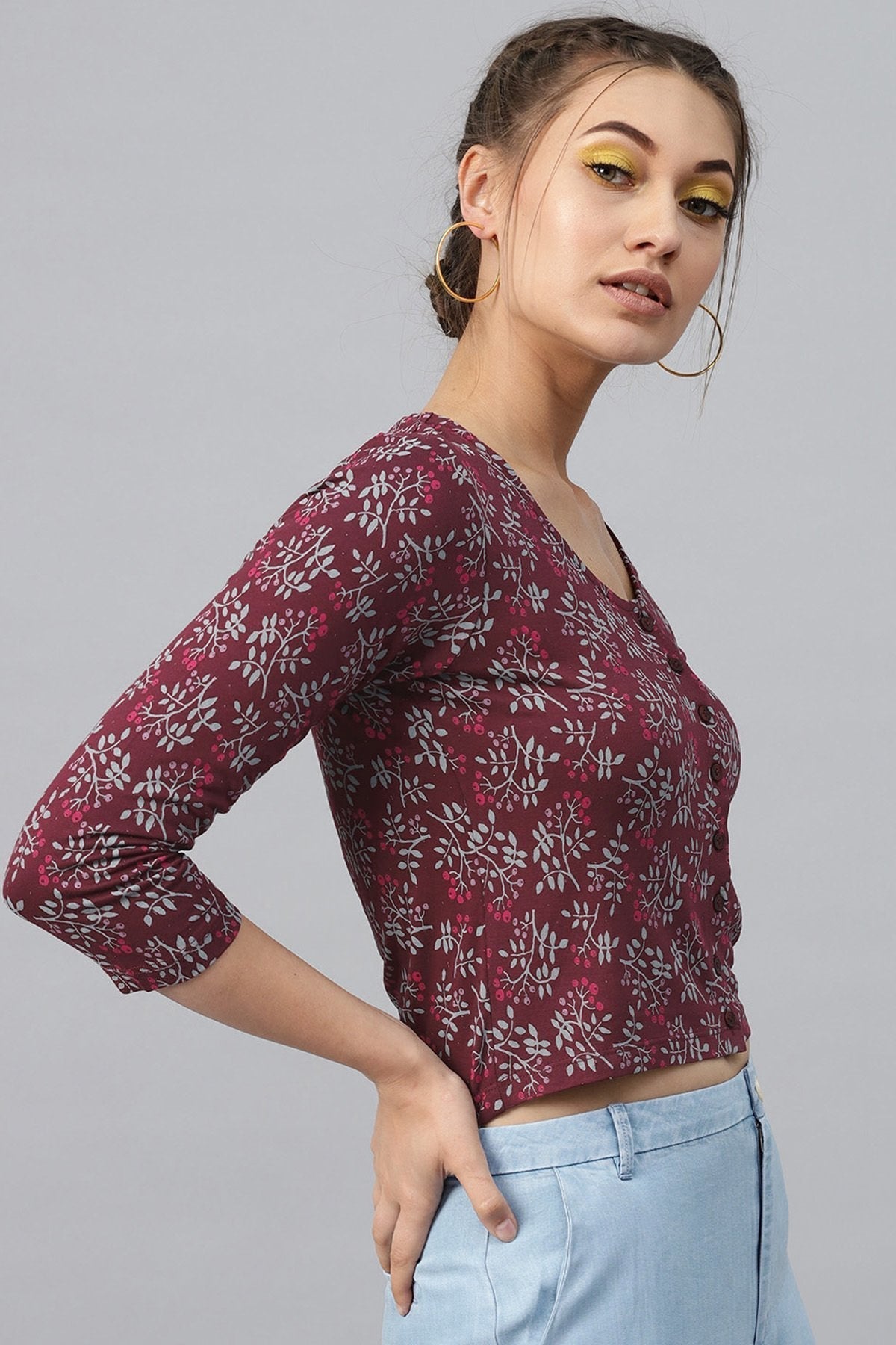 Women's Maroon Floral Front Button Crop Top