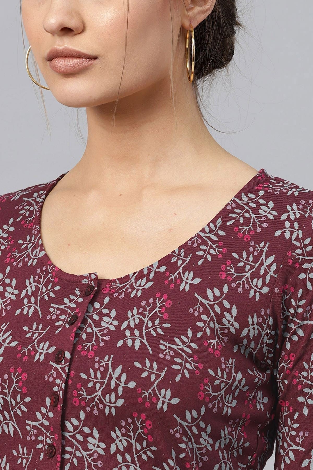 Women's Maroon Floral Front Button Crop Top