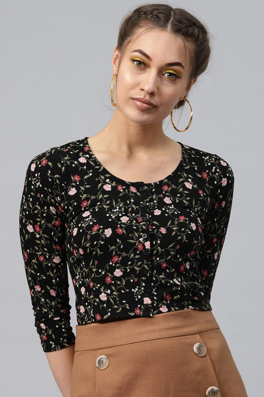 Women's Black Floral Front Button Crop Top