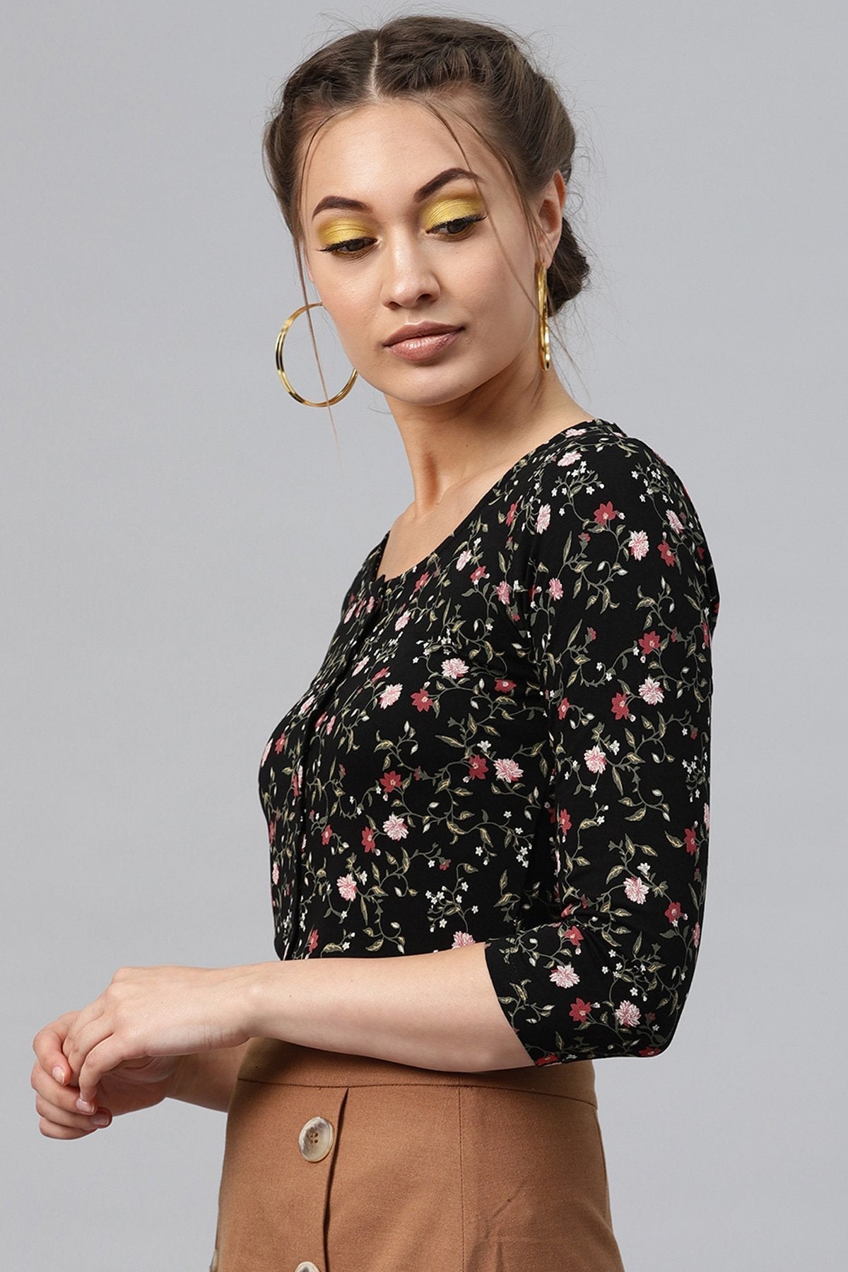 Women's Black Floral Front Button Crop Top