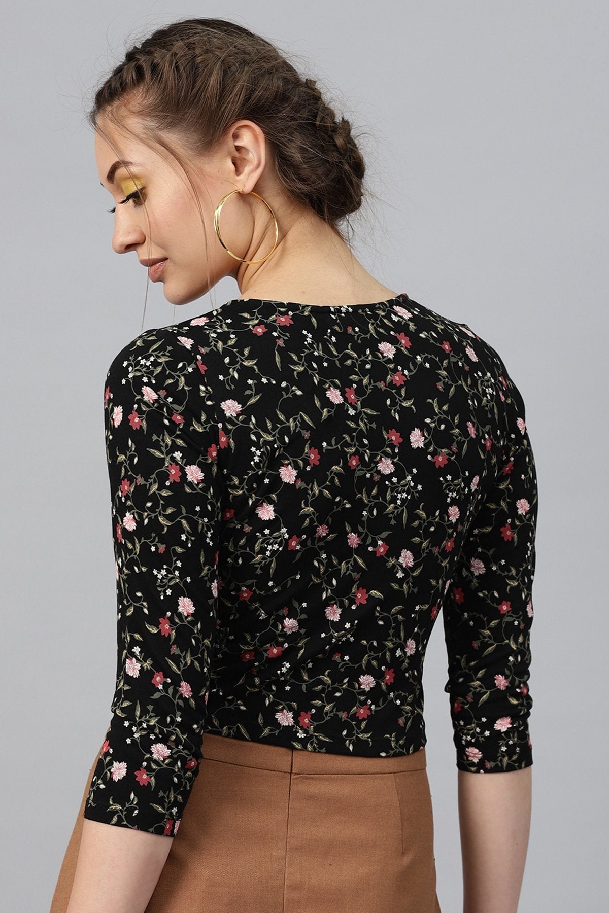 Women's Black Floral Front Button Crop Top