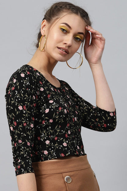 Women's Black Floral Front Button Crop Top