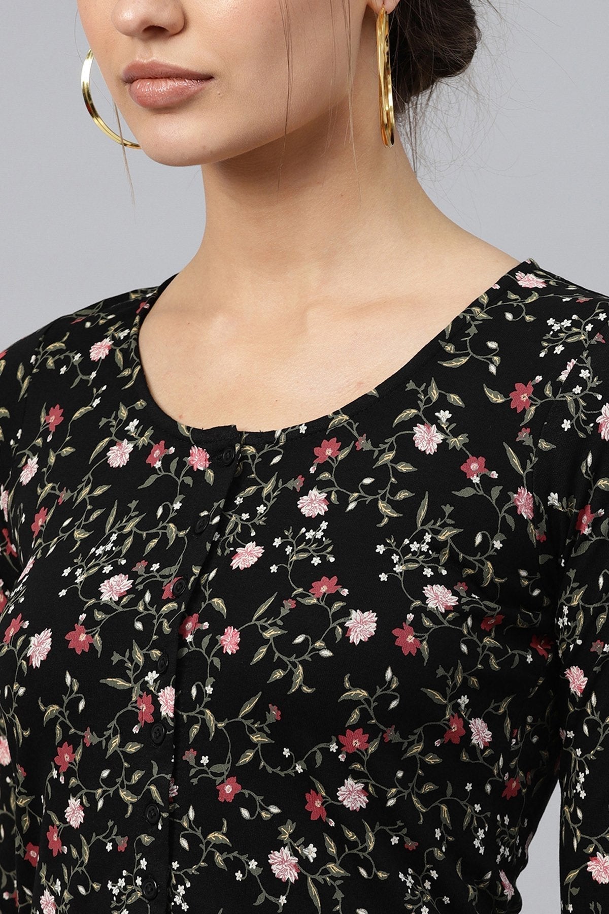 Women's Black Floral Front Button Crop Top