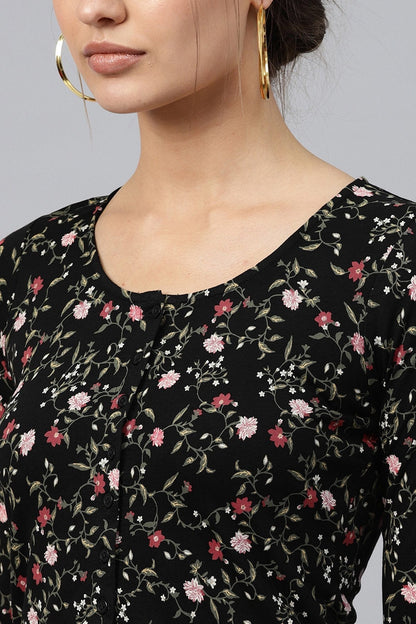Women's Black Floral Front Button Crop Top