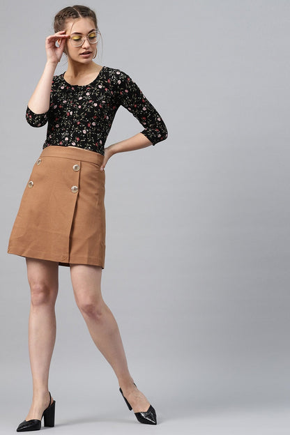 Women's Black Floral Front Button Crop Top