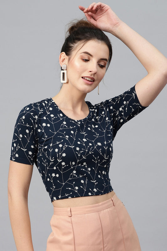 Women's Navy Floral Back Knot Crop Top