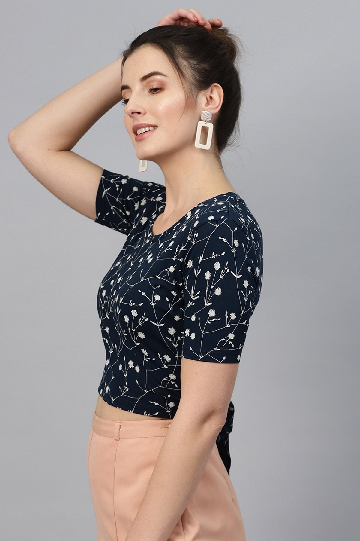 Women's Navy Floral Back Knot Crop Top