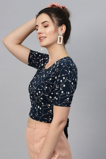 Women's Navy Floral Back Knot Crop Top
