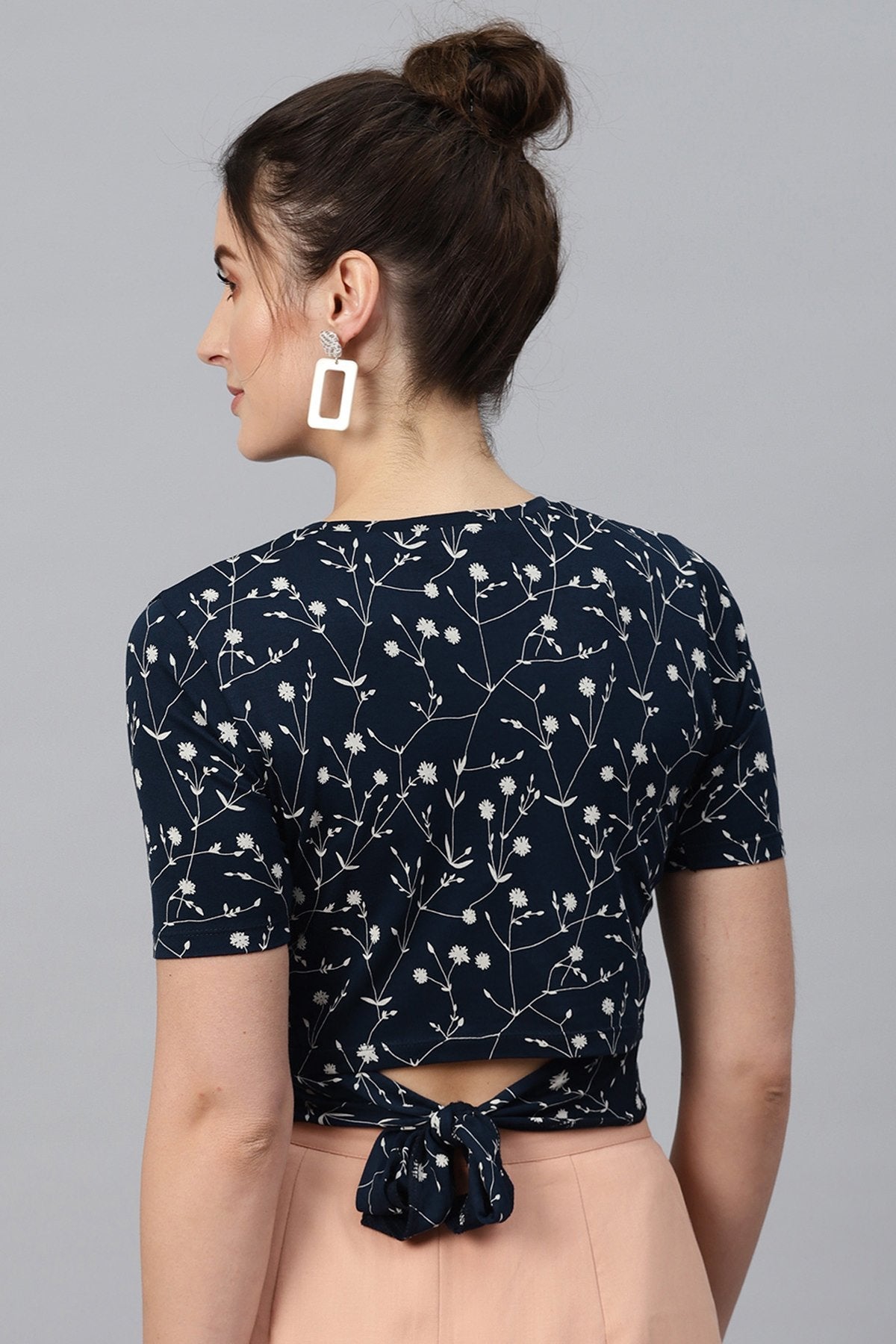 Women's Navy Floral Back Knot Crop Top