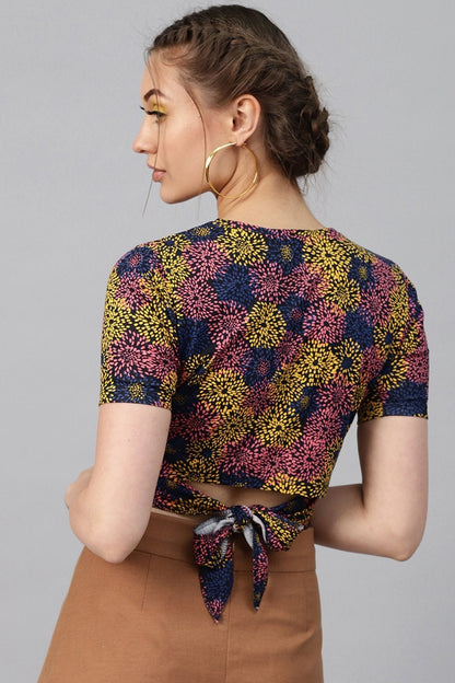 Women's Multi Floral Back Knot Crop Top