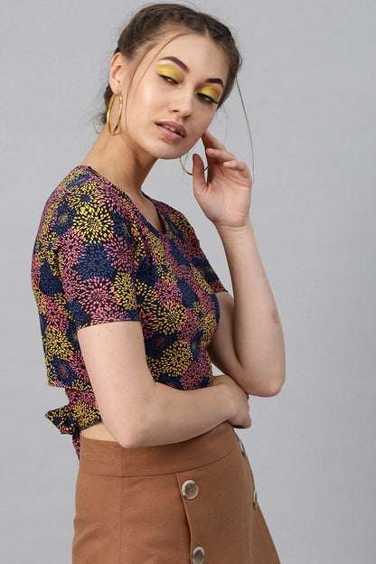 Women's Multi Floral Back Knot Crop Top