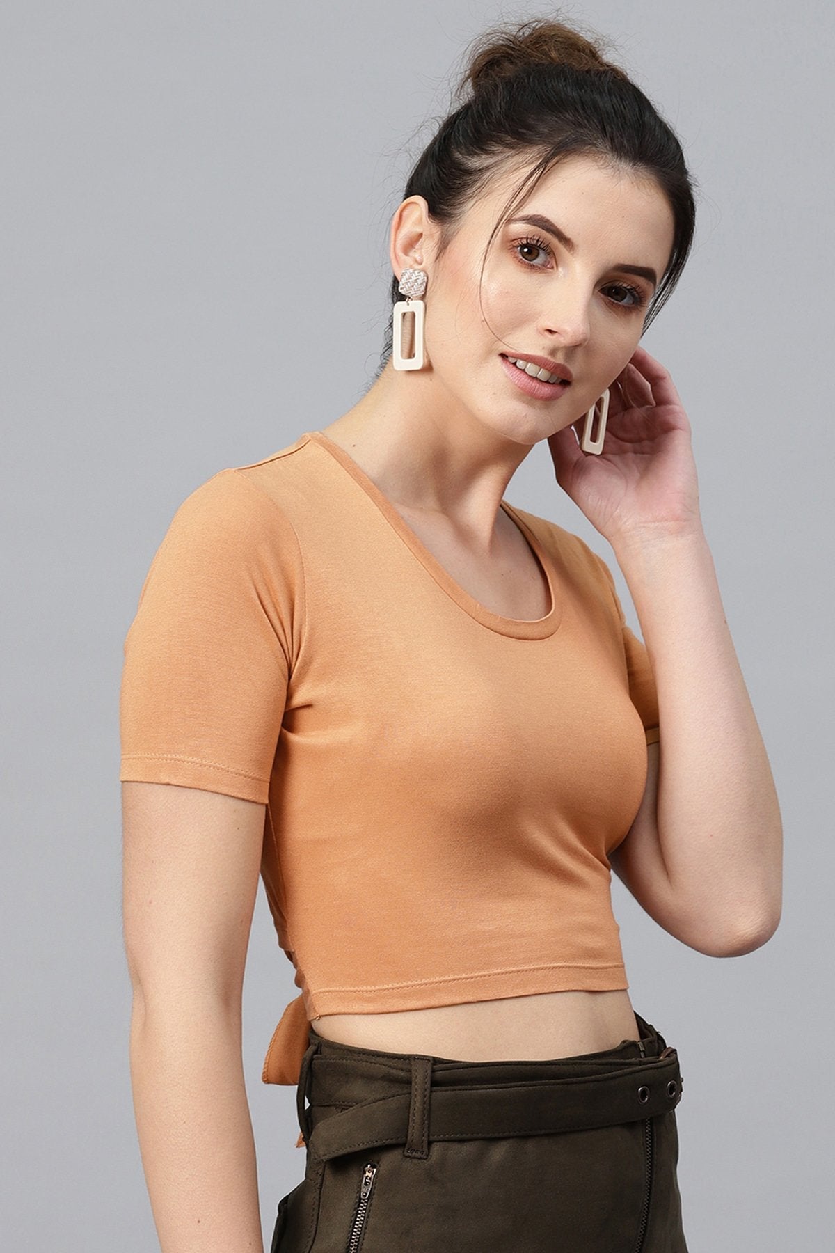 Women's Brown Back Knot Crop Top