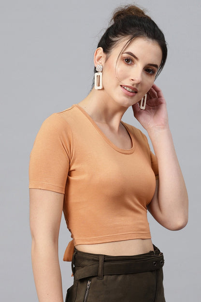 Women's Brown Back Knot Crop Top