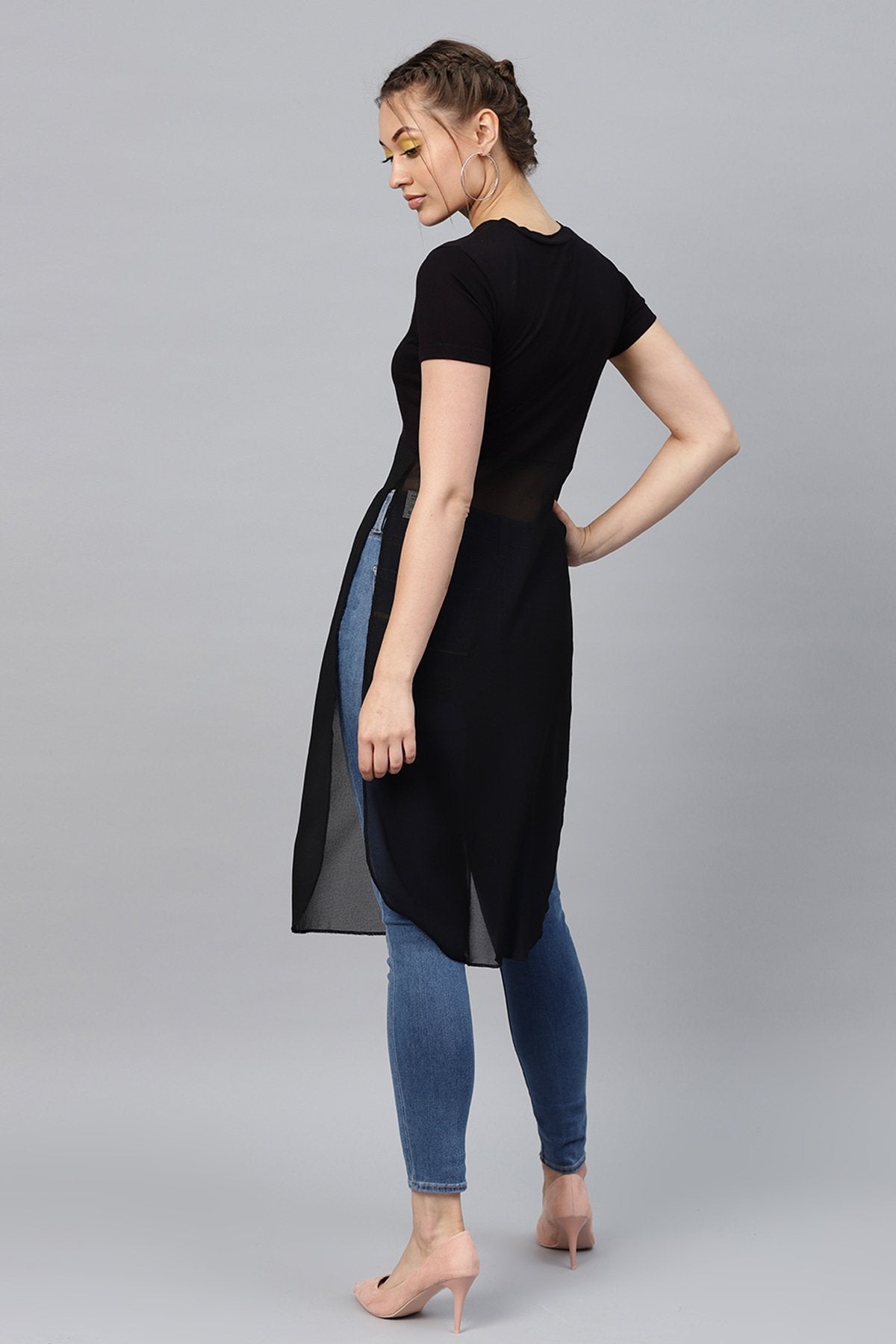 Women's Black Side Slit Longline Top