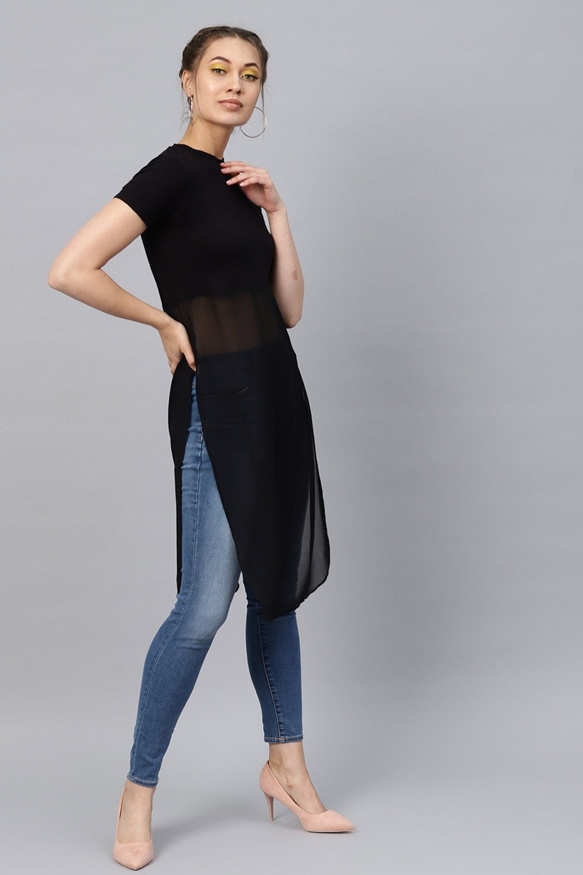 Women's Black Side Slit Longline Top