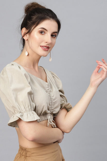 Women's Beige Rouched Crop Top