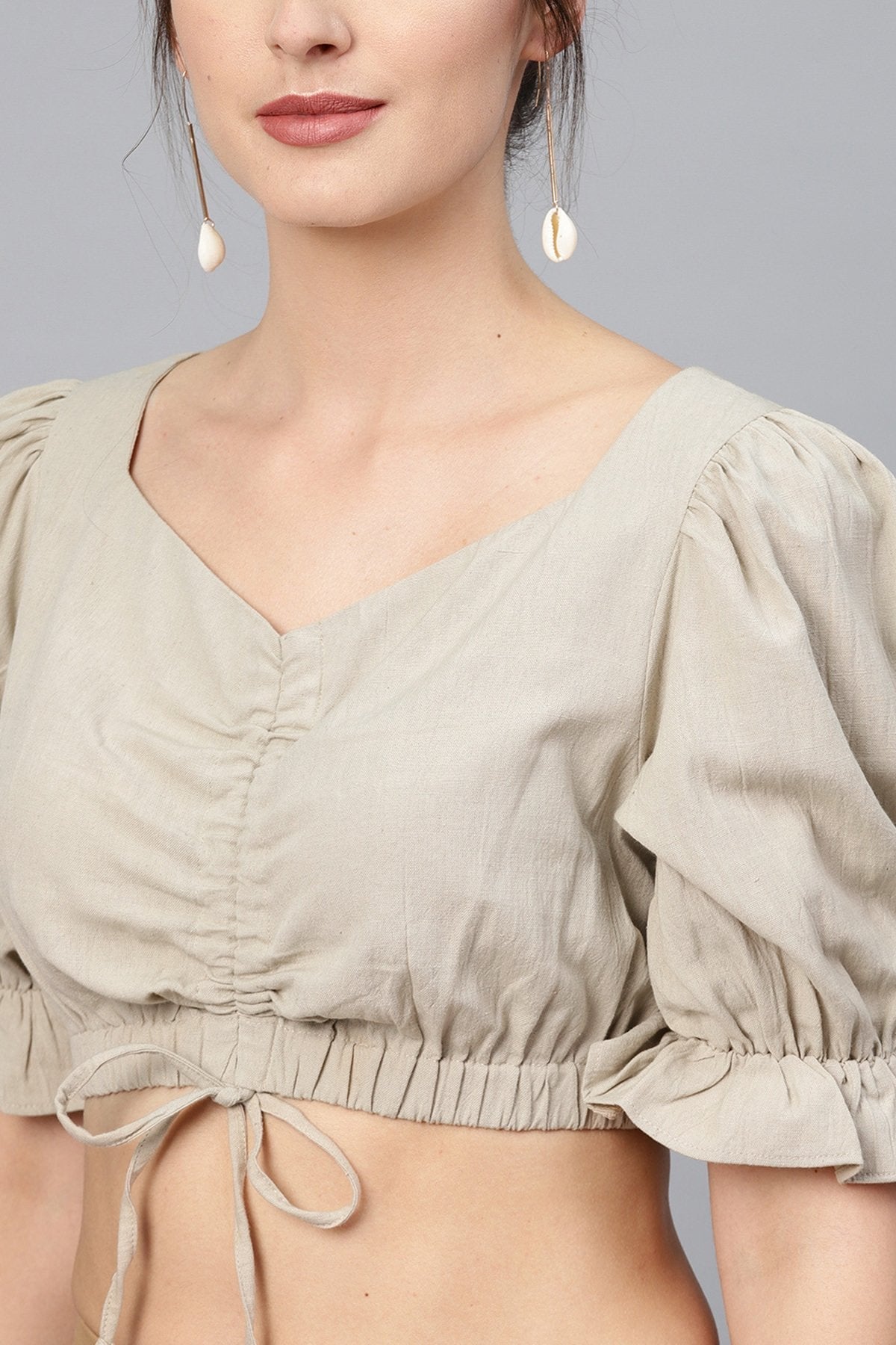 Women's Beige Rouched Crop Top